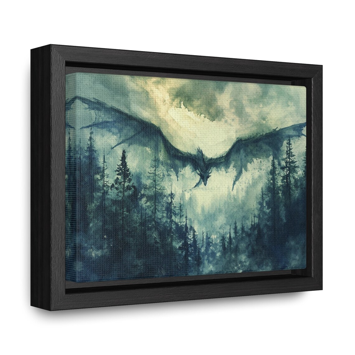 Majestic Dragon Soaring Over Misty Pine Forest Watercolor Fantasy Art Poster - Image 2