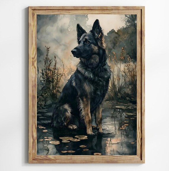 Moody Dark Landscape German Shepherd Print Vintage Lake Painting Dog Wall Art Print Dark Cottagecore Landscape Farmhouse