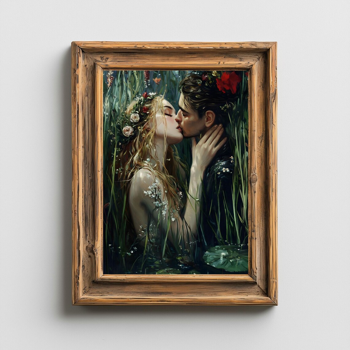 Lovers Kissing Reeds Water Edge Floral Crown Dark Romantic Art Print - Image 2
