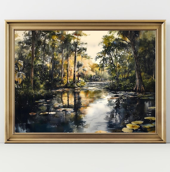 Moody Crystal River Painting Florida Art Print Forest River Watercolor Landscape Florida Wall Art Aquarell Landscape Florida Wetlands