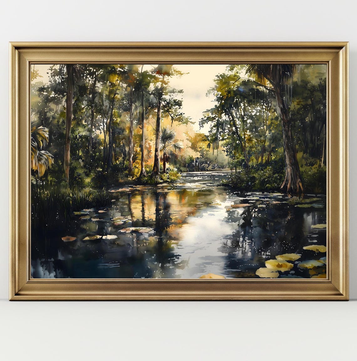 Sunlit Wetland River Watercolor Landscape Golden Light Art Print