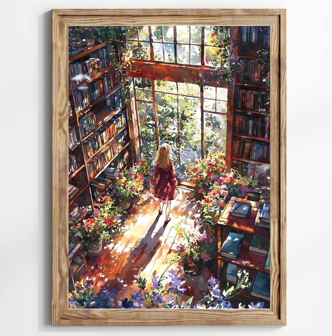 Blonde Girl Red Dress Sun Drenched Flower Library Dappled Light Poster