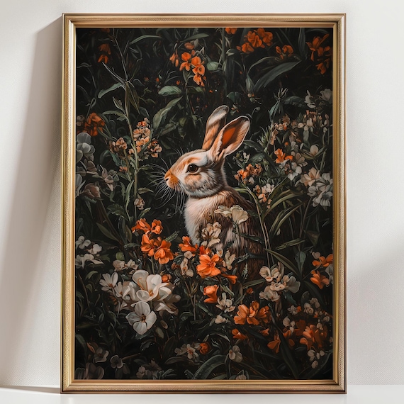 Cottagecore Rabbit Moody Dark Floral Garden Orange Blossoms Print