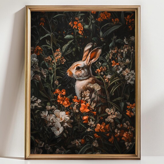Cottagecore Rabbit Painting Dark Academia Wall Art Vintage Bunny Art Moody Rustic Decor Cottagecore Decor Easter Decor Dark Bunny Art