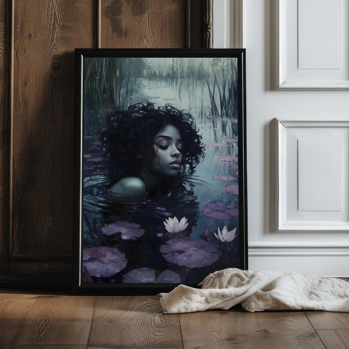 Dark Ophelia Woman Half Submerged in Water Lily Pond Purple Art - Image 2