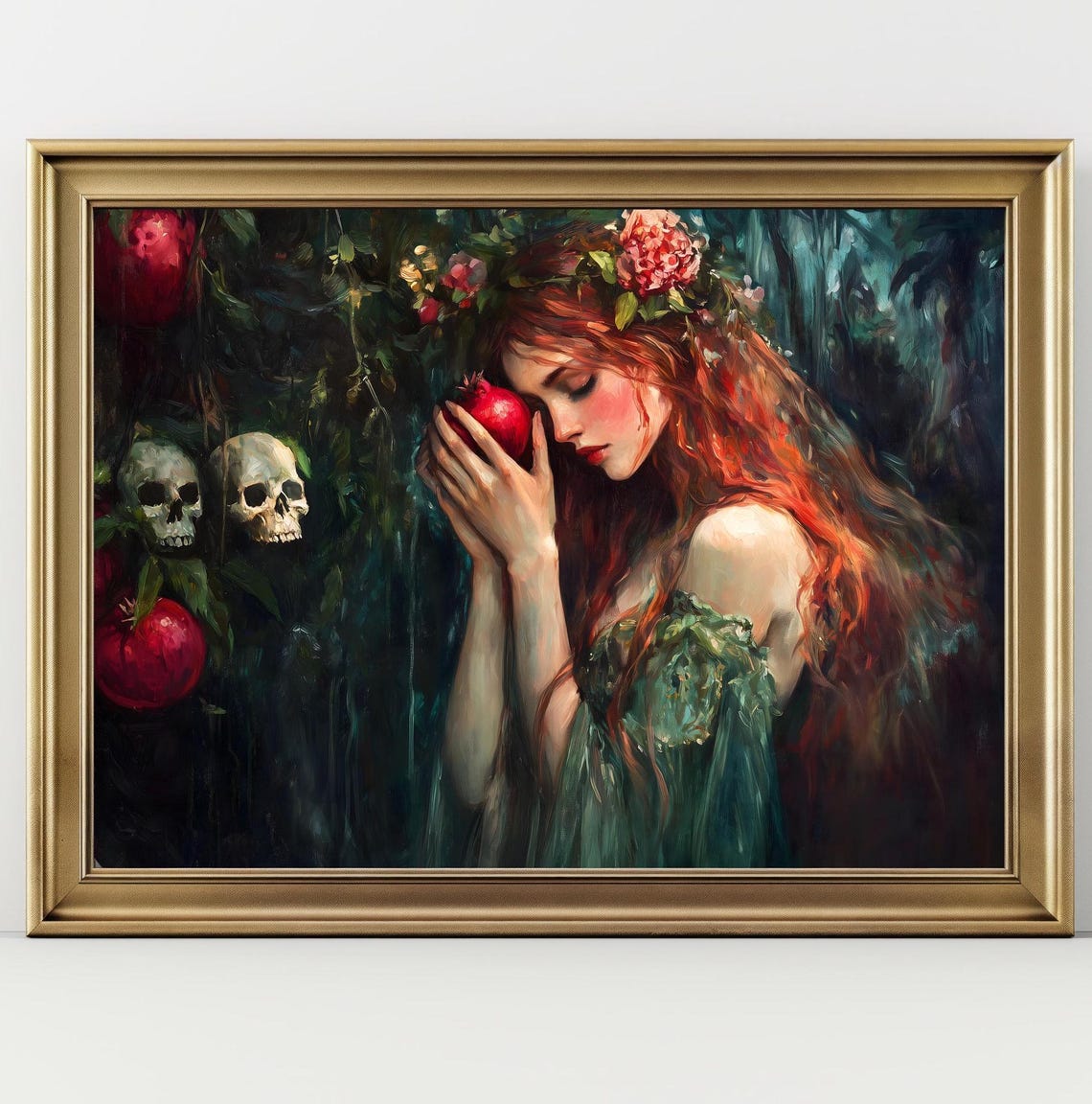 Persephone Greek Goddess Pomegranate Dark Underworld Floral Art Print