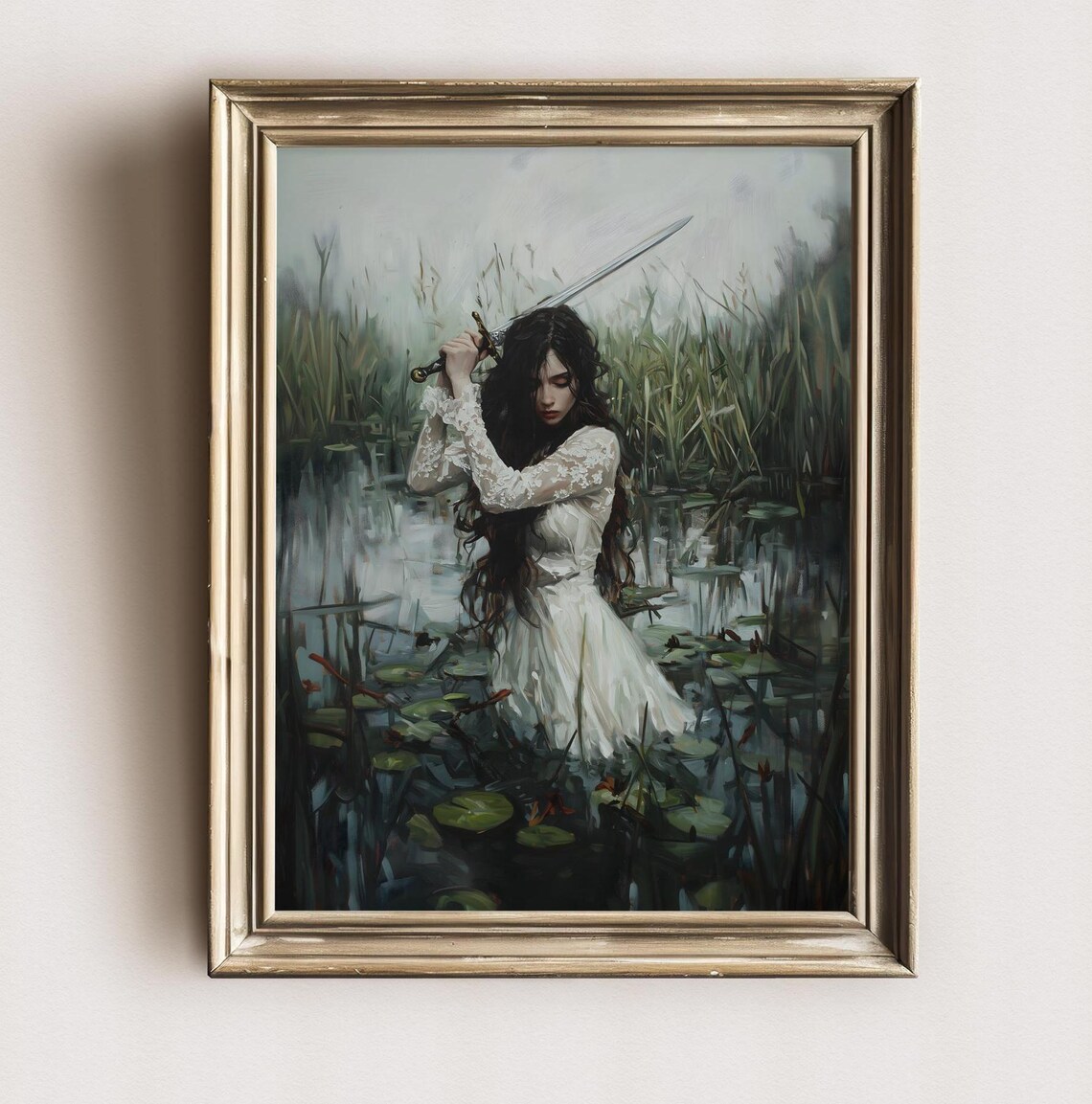 Warrior Woman Raised Sword Misty Reeds Pond White Gown Fantasy Poster - Image 2
