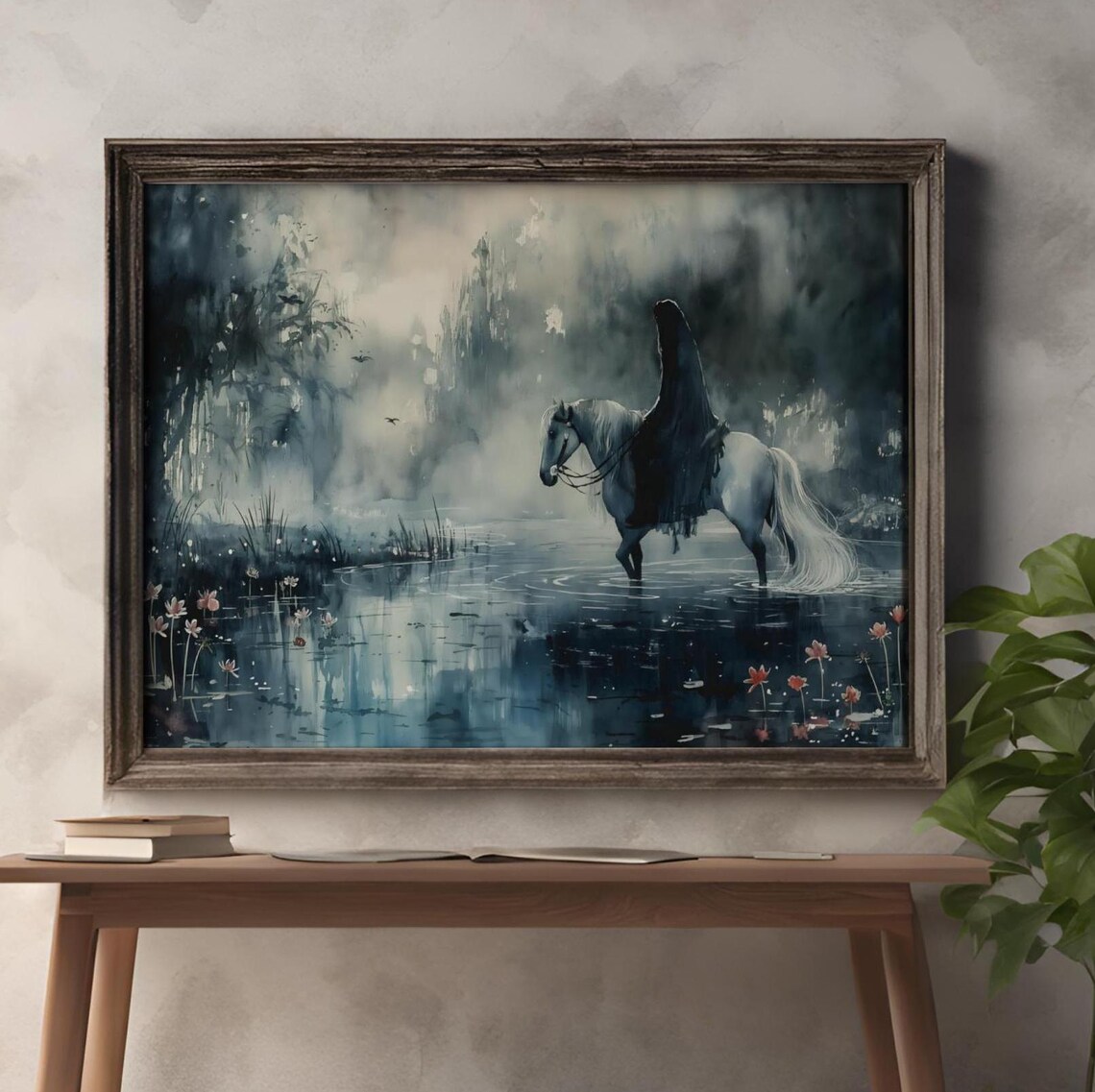 Dark Angel On White Horse In Misty Lake Gothic Watercolor Fantasy Poster