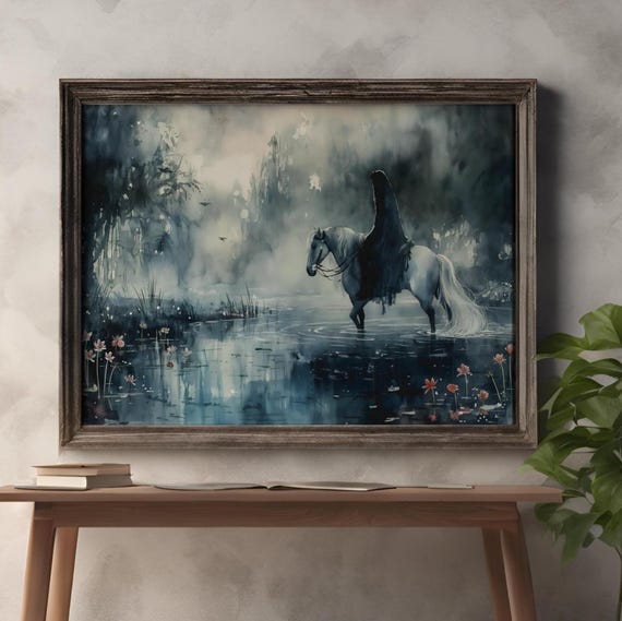 On A Horse Into Lake Dark Academia Print Goth Moody Victorian Wall Art Dark Decor Aesthetic Dark Cottagecore Gothic Prints Into Lake