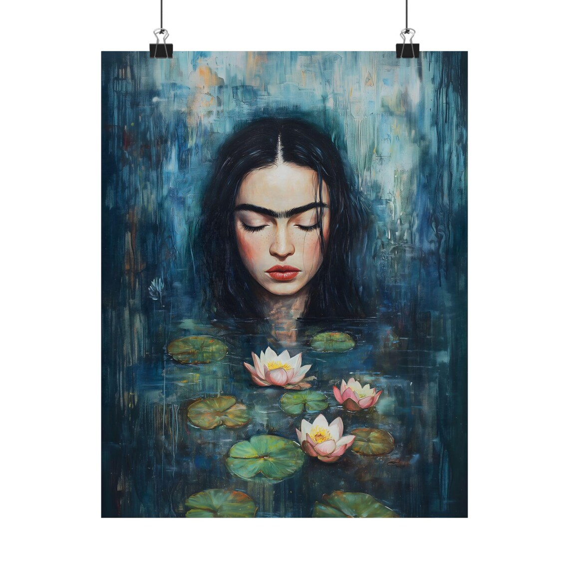 Frieda Woman Face Blue Water Lilies Dark Lake Oil Painting Art Print - Image 2