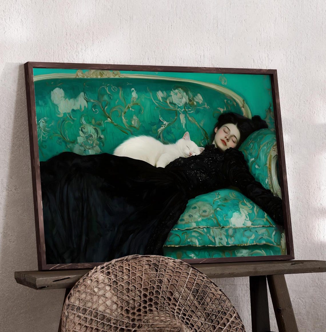 Woman Sleeping On Green Sofa With White Cat Dark Academia Art Print - Image 4