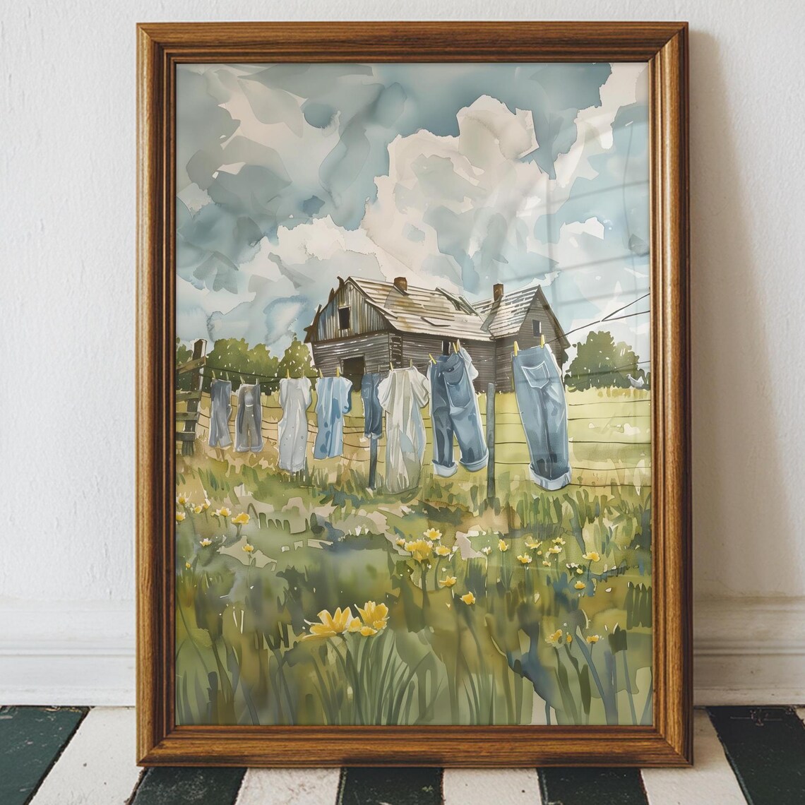 Old Farmhouse Laundry On Line Watercolor Country Farm Scene Art Poster - Image 2