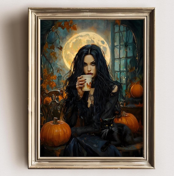 Witch Drinking Coffee Dark Academia Print Goth Moody Victorian Wall Art Dark Decor Aesthetic Dark Cottagecore Gothic Prints Full Moon
