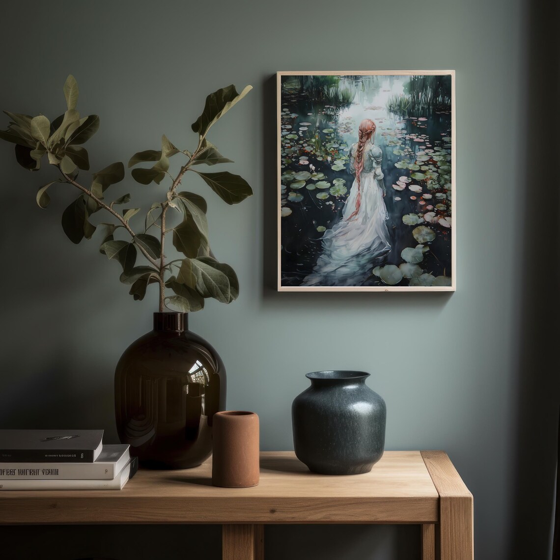Ophelia Red Haired Girl White Dress Water Lily Pond Dark Romantic Print - Image 2