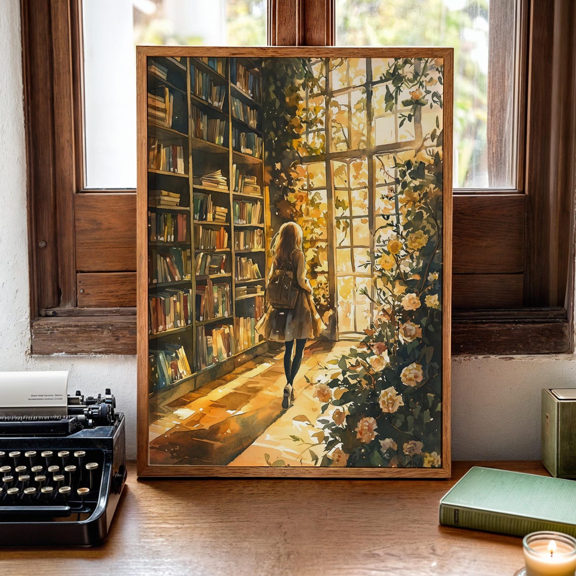 Golden Hour Library Girl Backpack Glowing Window Roses Poster - Image 2