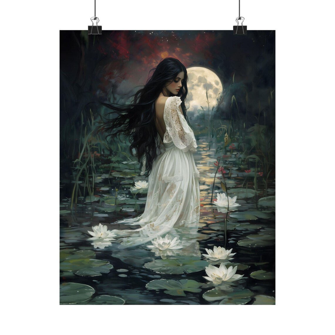 Full Moon Woman White Gown Water Lilies Dark Pond Night Art Poster - Image 2
