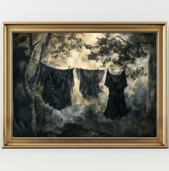 Three Black Lace Dresses On Clothesline In Foggy Forest Gothic Victorian Art Poster