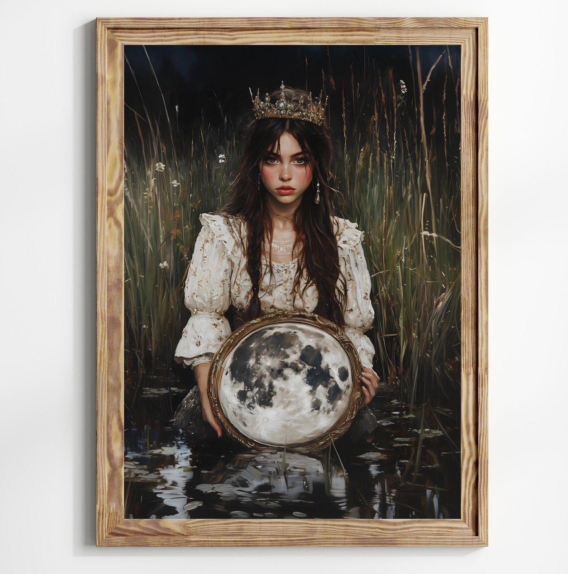 Moon In The Mirror Victorian Woman Holding Moon Dark Celestial Art Print - Image 3