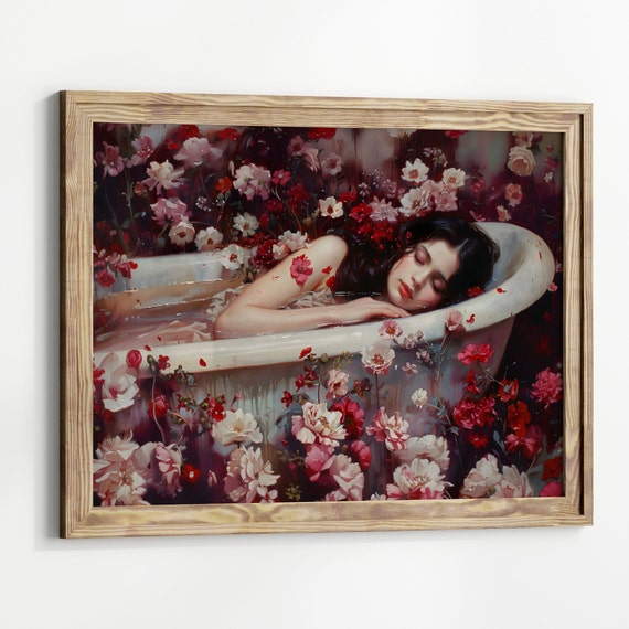 Dark Academia Print Bathing With Flowers Goth Moody Victorian Wall Art Dark Decor Aesthetic Dark Cottagecore Gothic Prints Gothic
