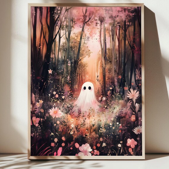 Cute Ghost In Pink Sunset Forest With Wildflowers Whimsical Halloween Wall Art Poster