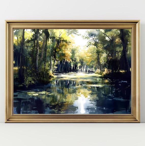 Moody Crystal River Painting Florida Art Print Forest River Watercolor Landscape Florida Wall Art Aquarell Landscape Florida Wetlands