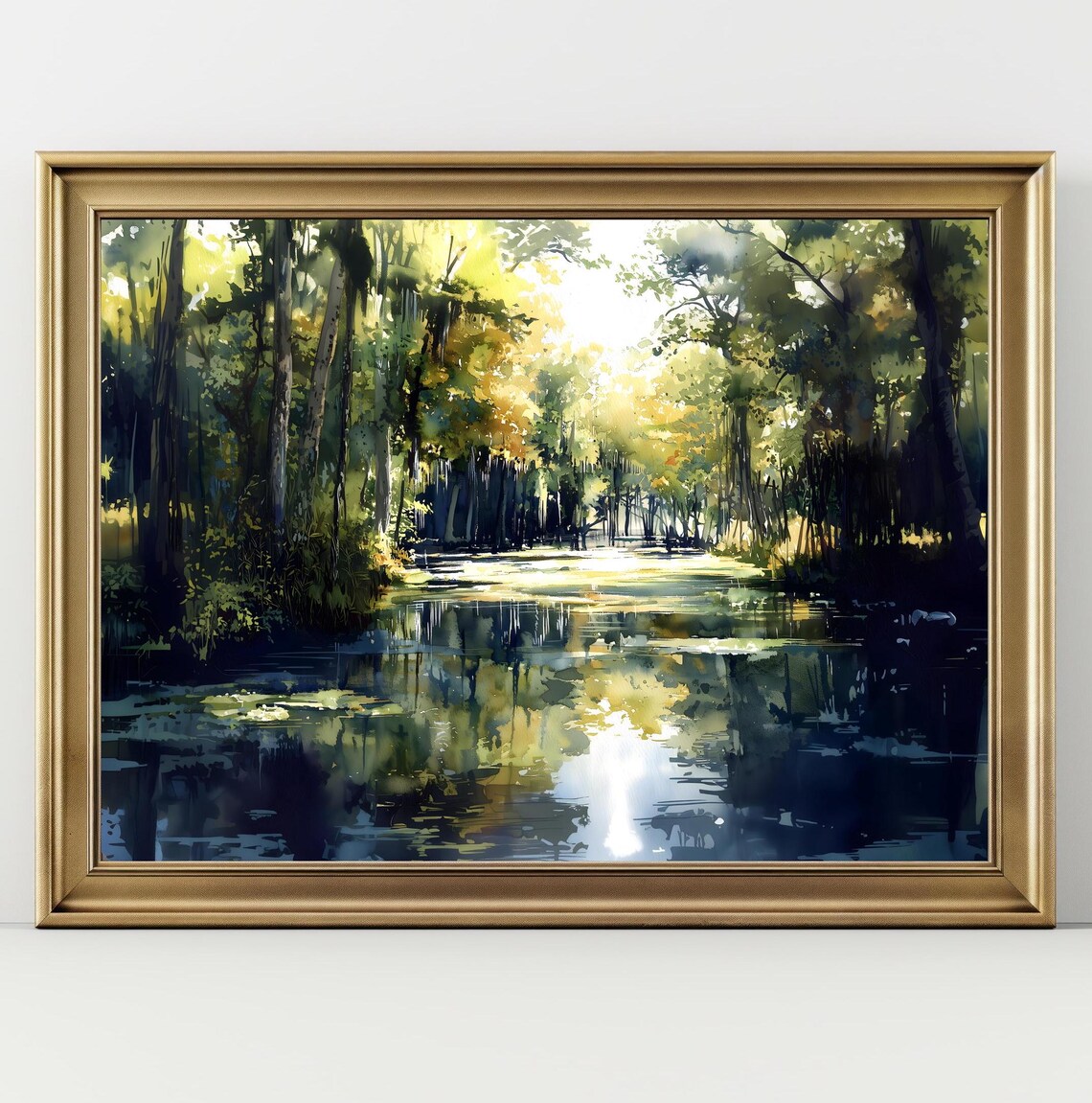 Forest Stream Sunlight Tree Reflections Serene Watercolor Landscape Poster - Image 2