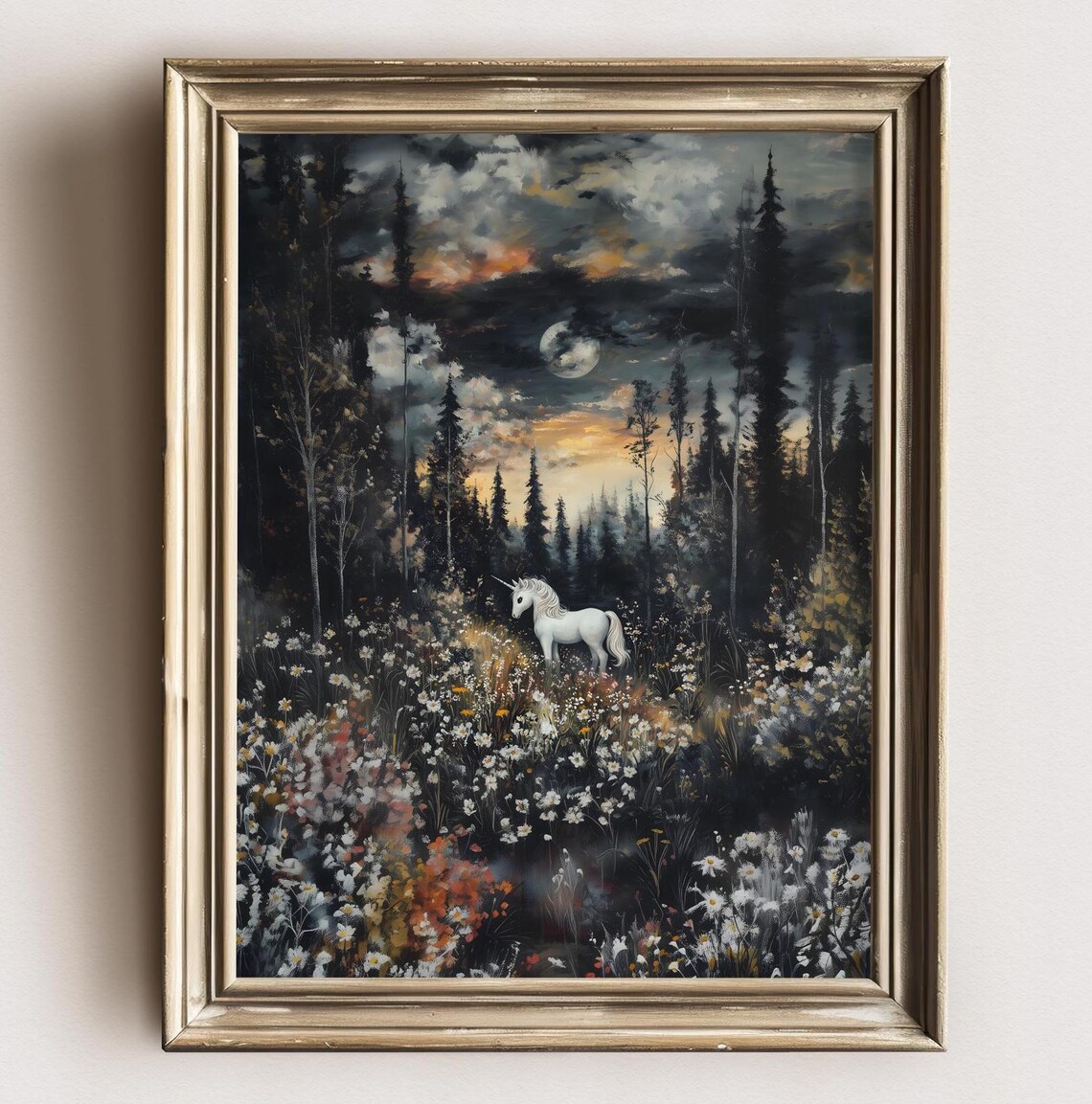Unicorn in Magical Forest, Dark Academia Art Print