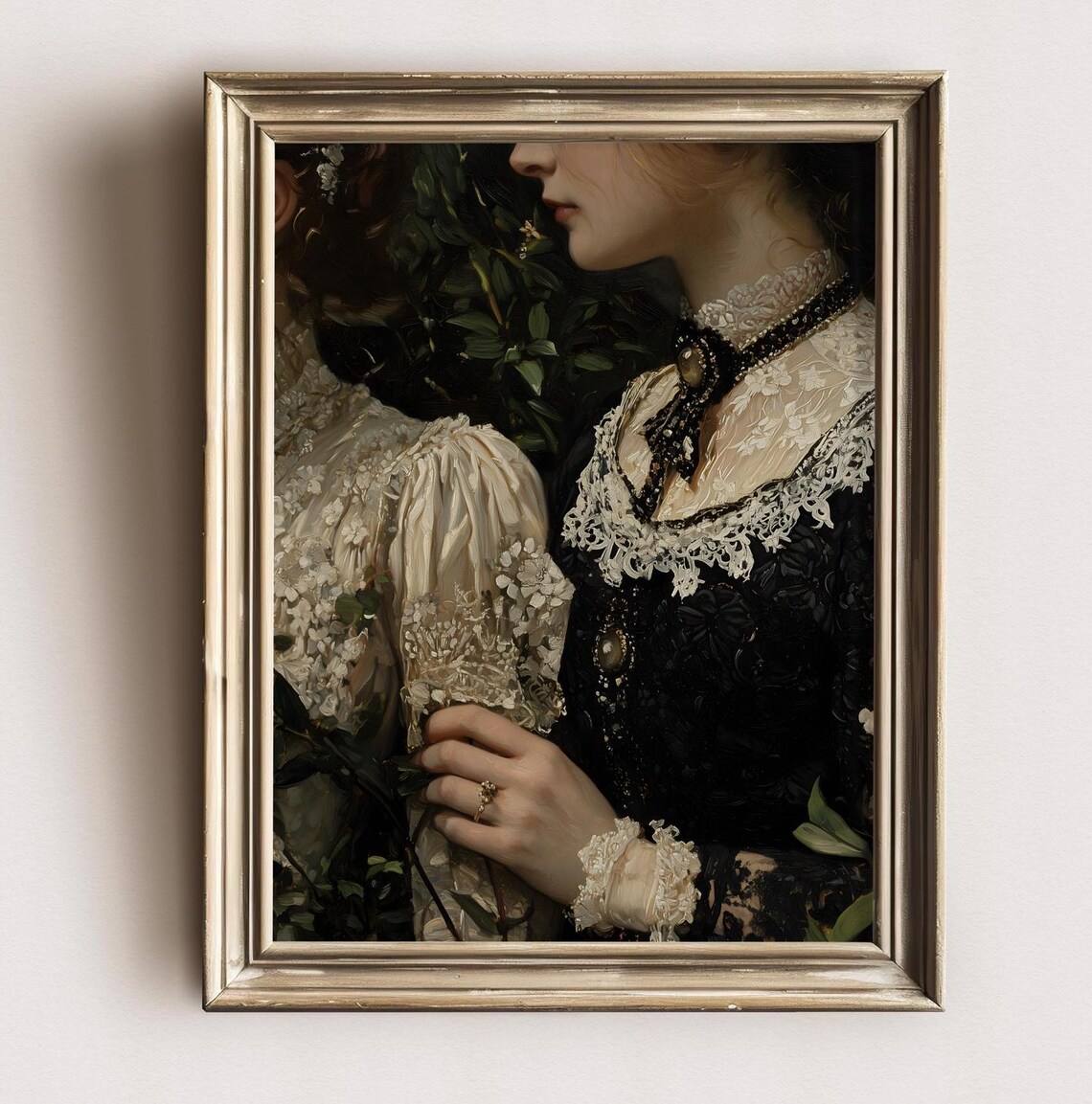 Two Women in Victorian Lace Dresses Intimate Moody Portrait Poster