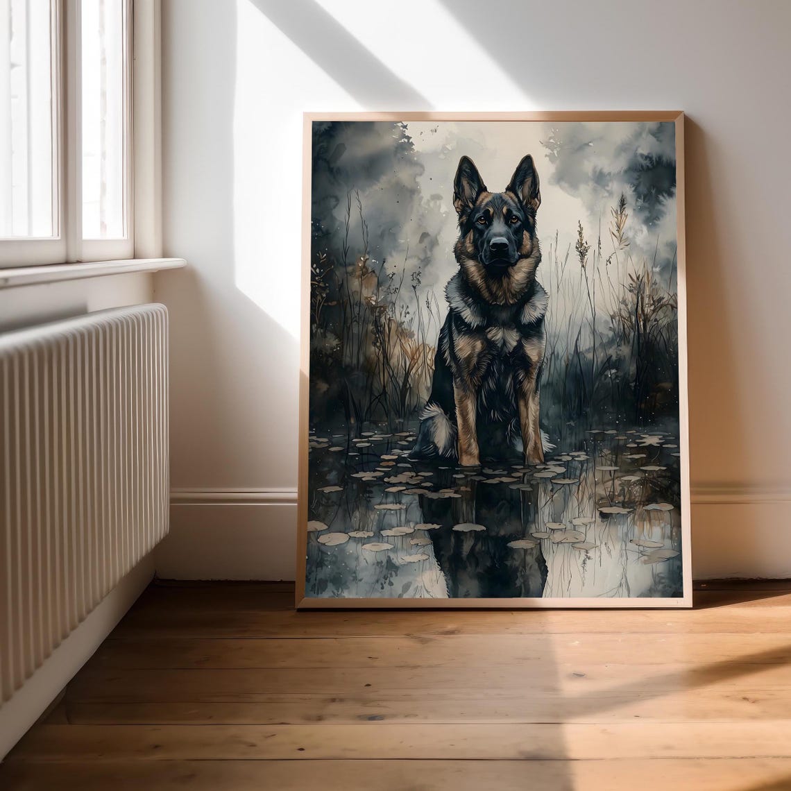 German Shepherd Dark Lily Pond Watercolor Moody Dog Portrait Print - Image 2