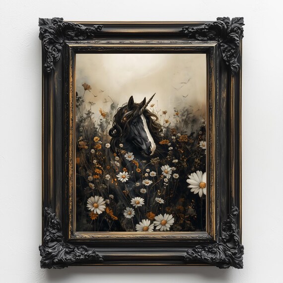 Unicorn Moody Print Dark Academia Decor Painting Victorian Print Dark Cottagecore Home Decor Vintage Fantasy Dark Fairycore Unicorn Art