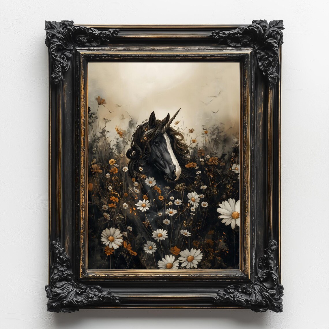 Black Unicorn In Wildflower Meadow Misty Dark Cottagecore Fantasy Art Poster