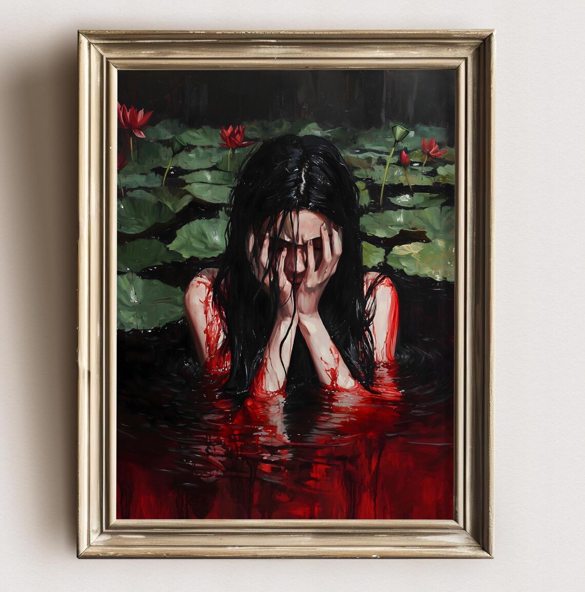 Weeping Woman In Dark Bloody Pond Among Lily Pads Gothic Melancholy Poster