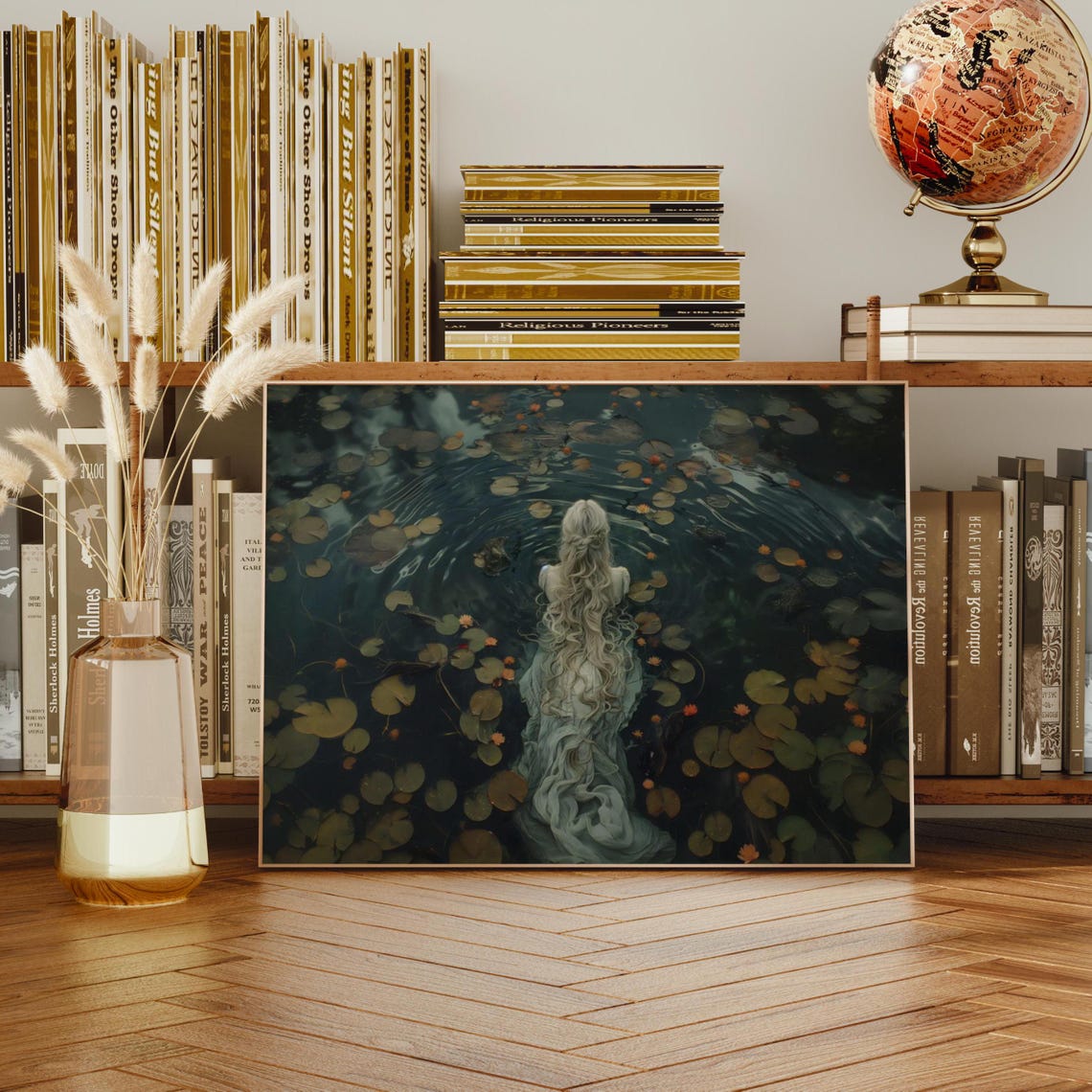 Woman Floating Dark Lily Pond Silver Hair Dark Academia Art Print