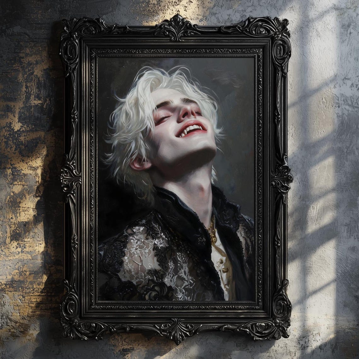 Laughing Vampire Blond Man Black Lace Coat Dark Gothic Oil Art Print