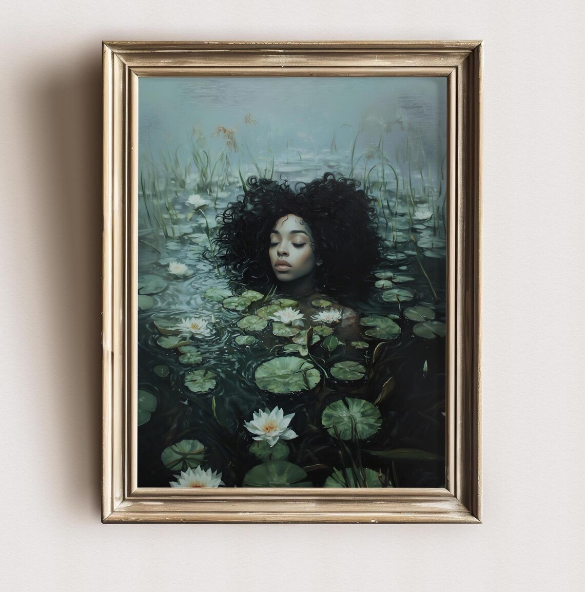 Black Ophelia Woman Curly Hair Floating Water Lily Pond Dark Romantic Print - Image 2