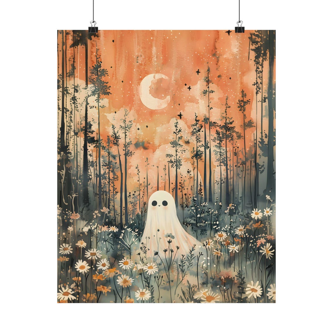 Cute Ghost In Wildflower Meadow Sunset Crescent Moon Whimsical Poster - Image 2