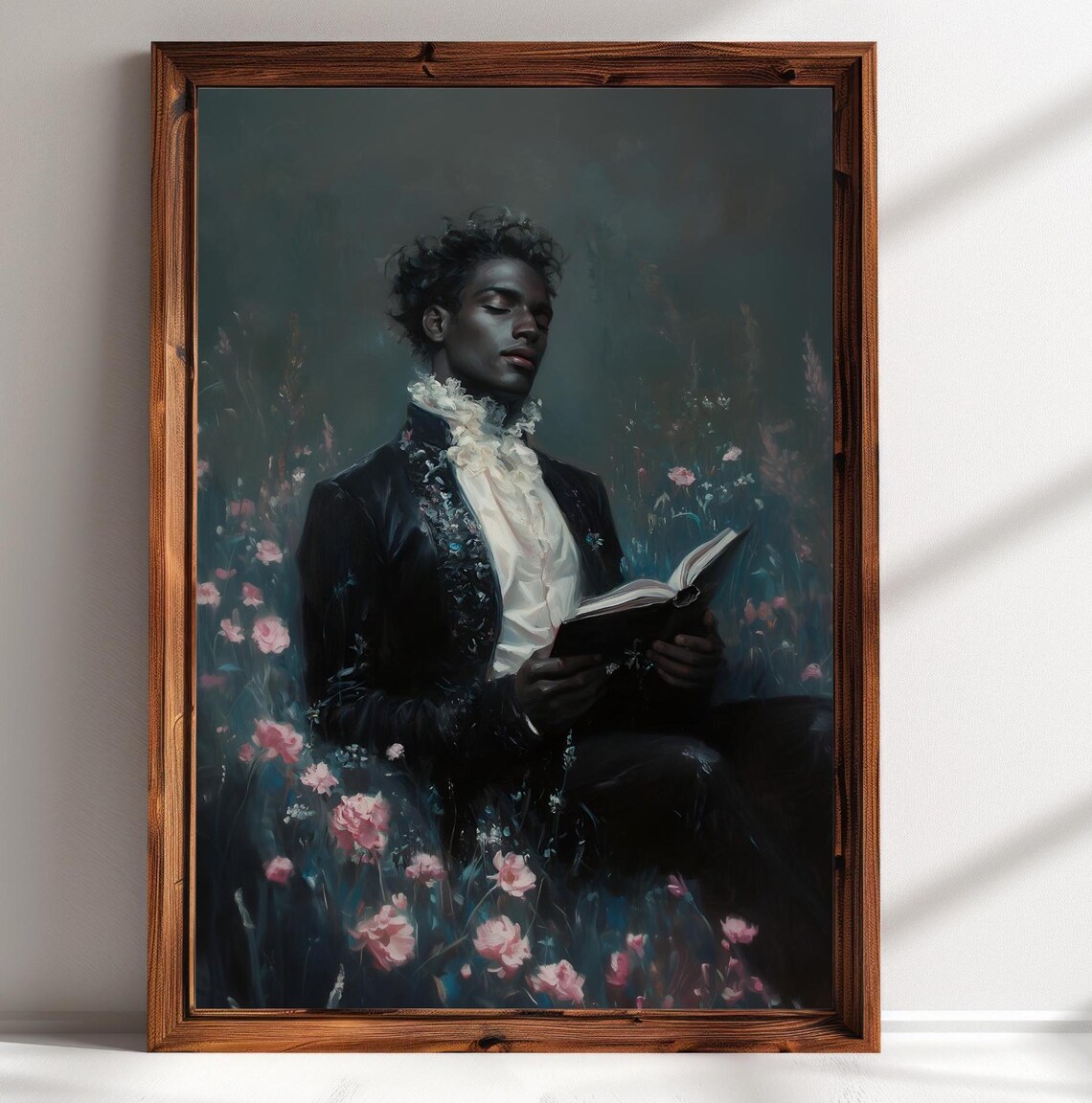 Elegant Gentleman Reading In Dark Pink Flower Field Victorian Bookish Poster