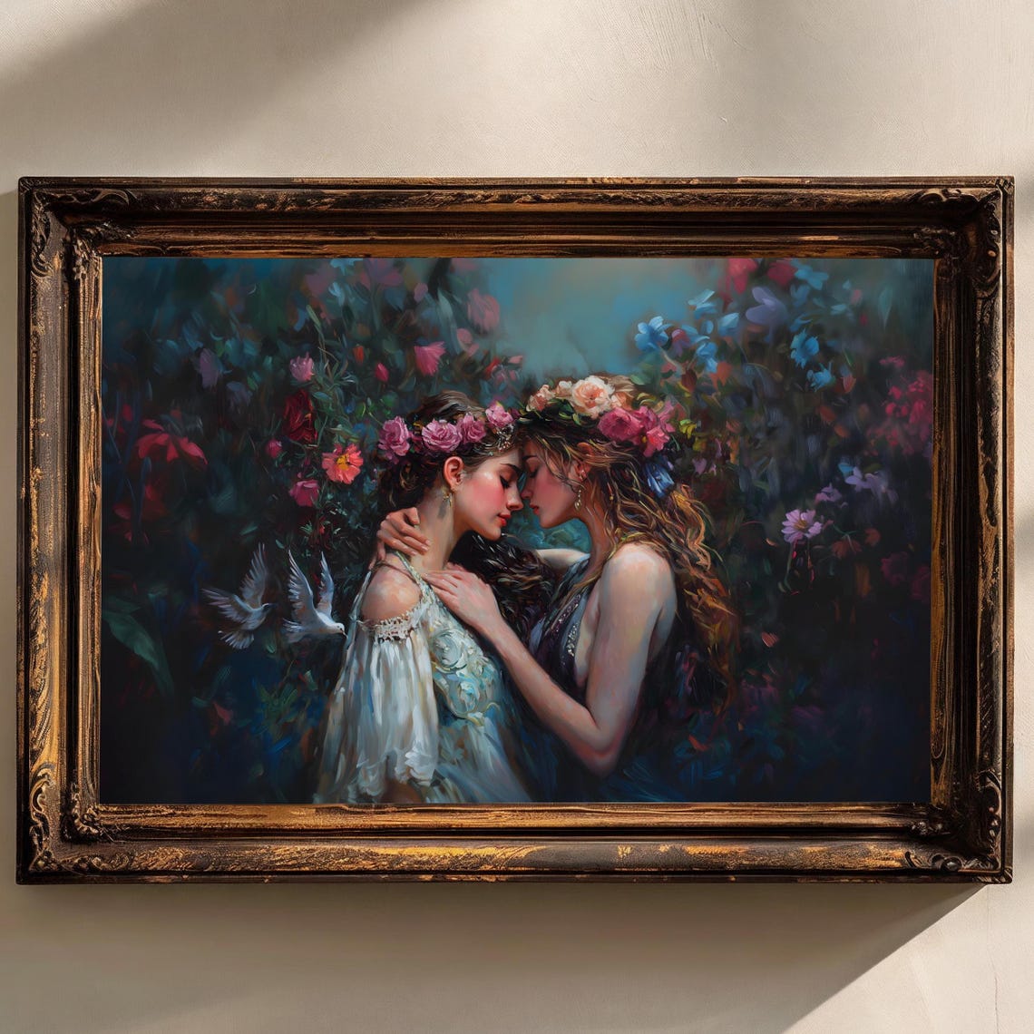 Two Women Embracing Flower Crowns Dark Garden Romantic Moody Art Print