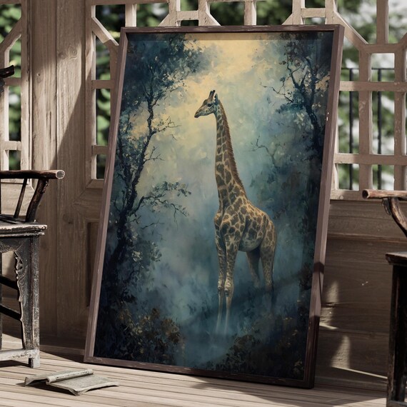 Giraffe Print Moody Jungle Painting Eclectic Wall Art Print Dark Cottagecore Landscape Safari Farmhouse Giraffe Lover Africa Decor
