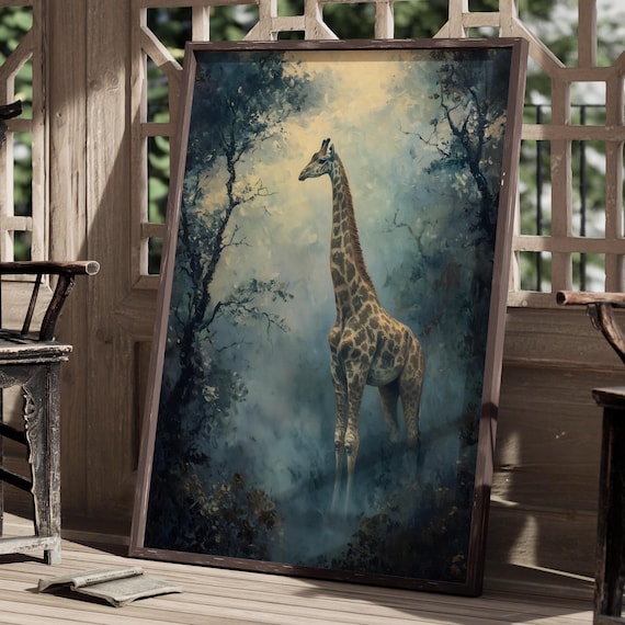 Giraffe Standing Misty Golden Jungle Moody Wildlife Wall Art