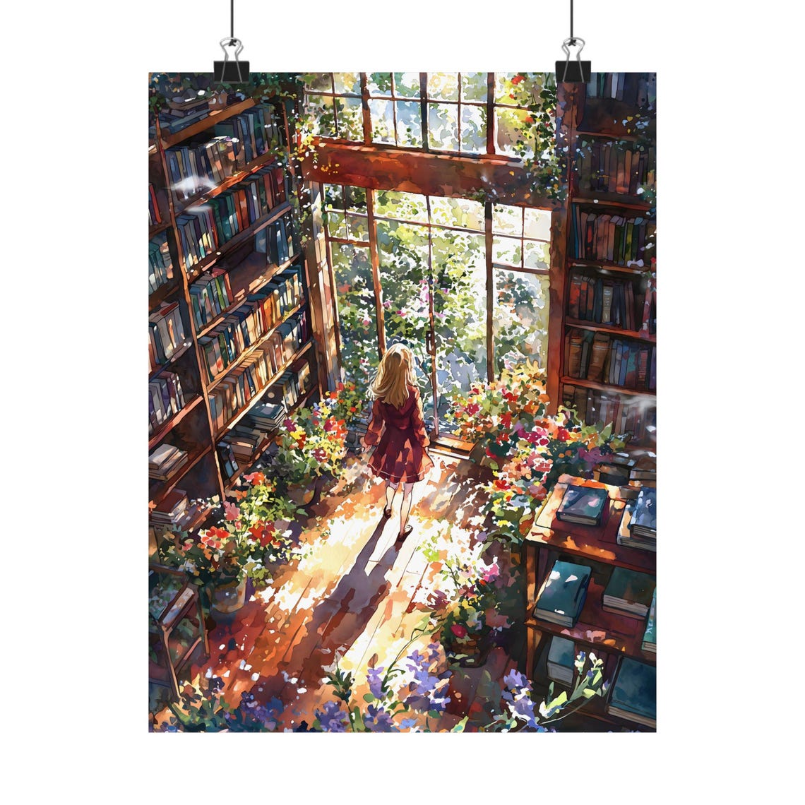 Blonde Girl Red Dress Sun Drenched Flower Library Dappled Light Poster - Image 2