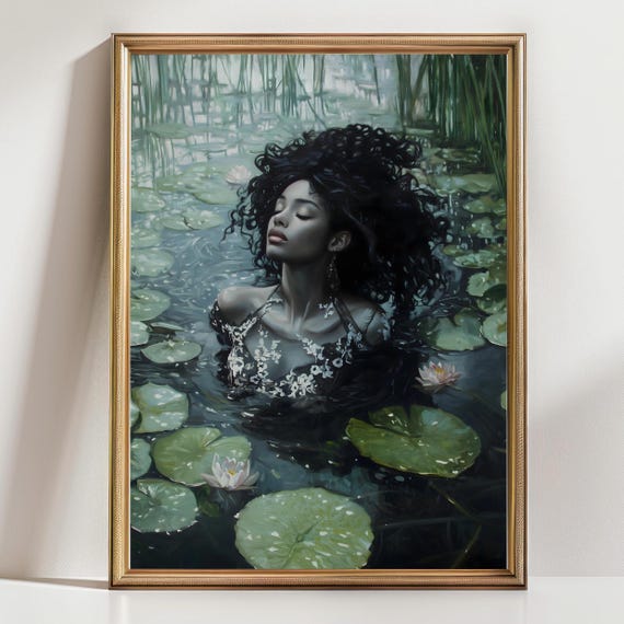 Black Ophelia Dark Academia Print The Lake Goth Moody Victorian Wall Art Dark Decor Aesthetic Black Girls Art Gothic Prints