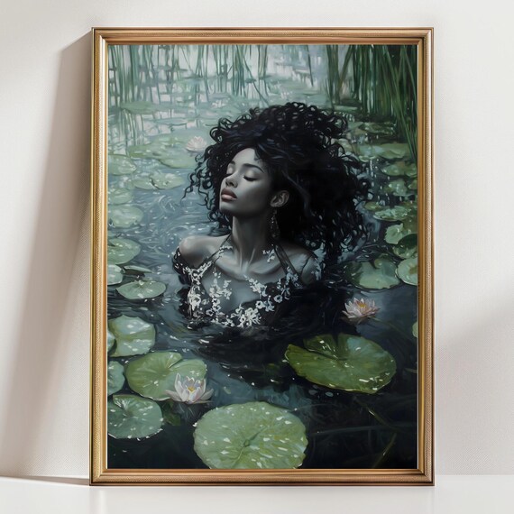 Black Woman in Lace Emerging From Dark Lily Pond Night Art Print