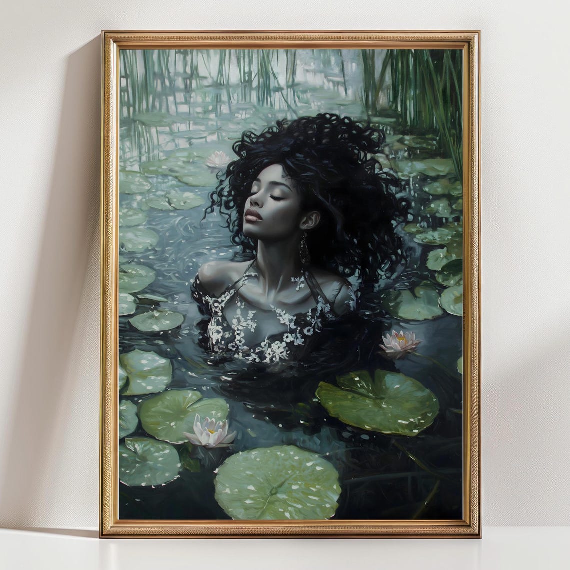 Black Woman in Lace Emerging From Dark Lily Pond Night Art Print