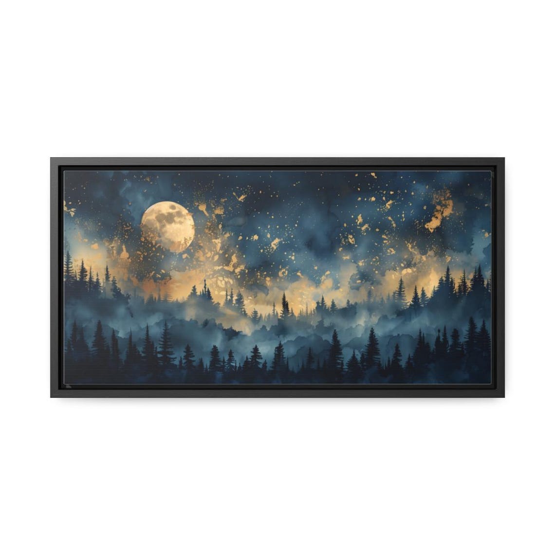 Full Moon Over Misty Pine Forest Blue Gold Celestial Night Poster - Image 2