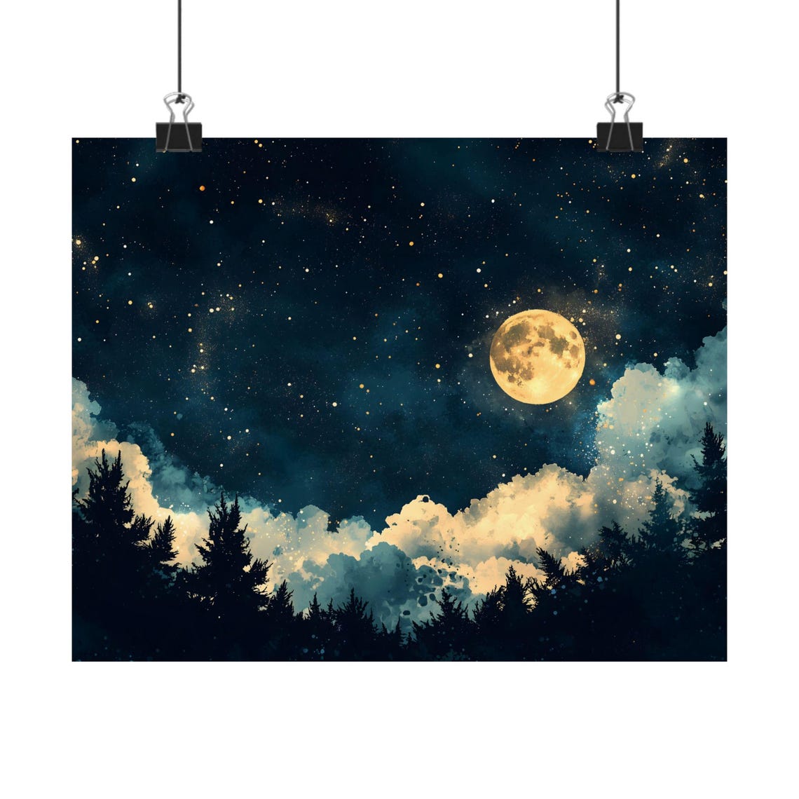 Celestial Full Moon Starry Night Pine Forest Gold Teal Art Print - Image 2