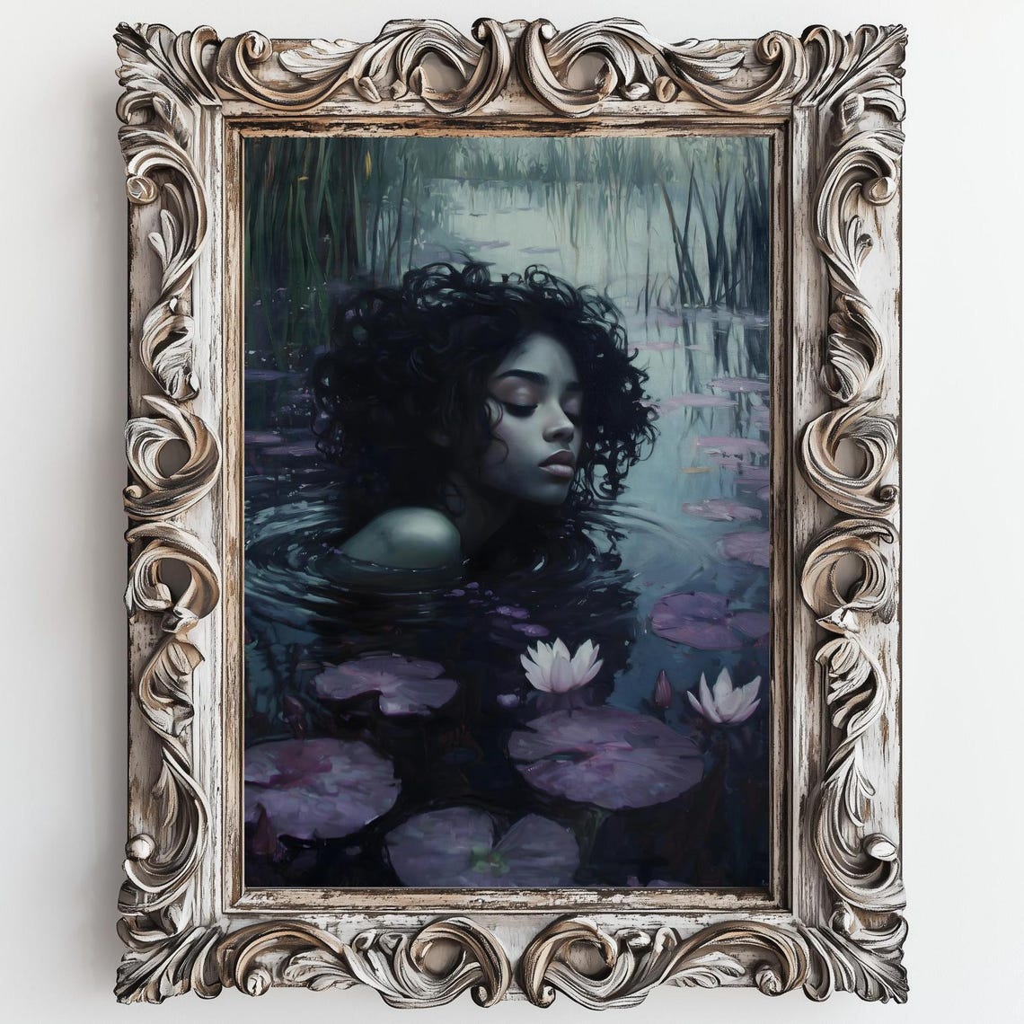 Dark Ophelia Woman Half Submerged in Water Lily Pond Purple Art