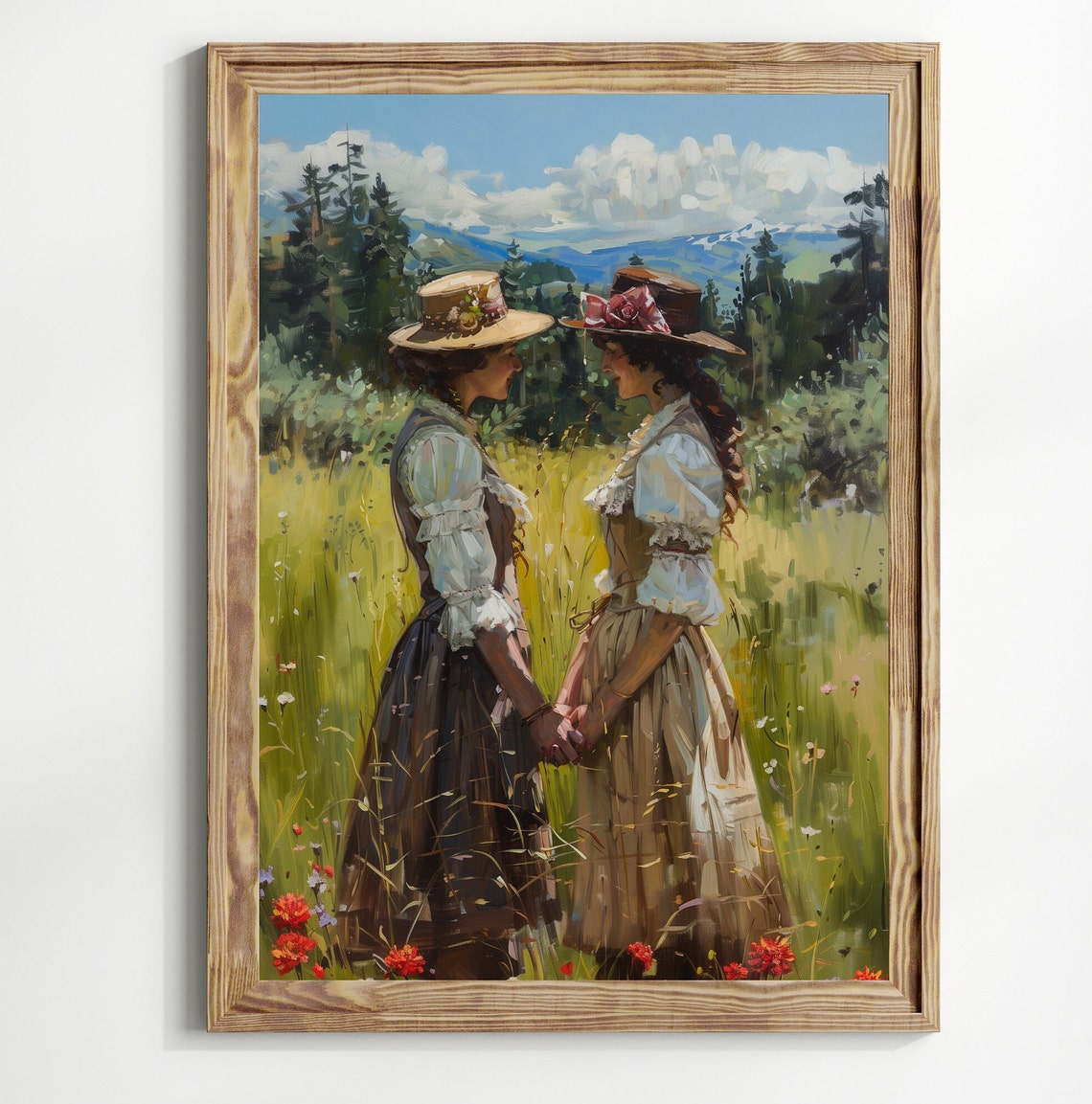 Two Women Holding Hands in Wildflower Meadow Mountain Landscape Poster
