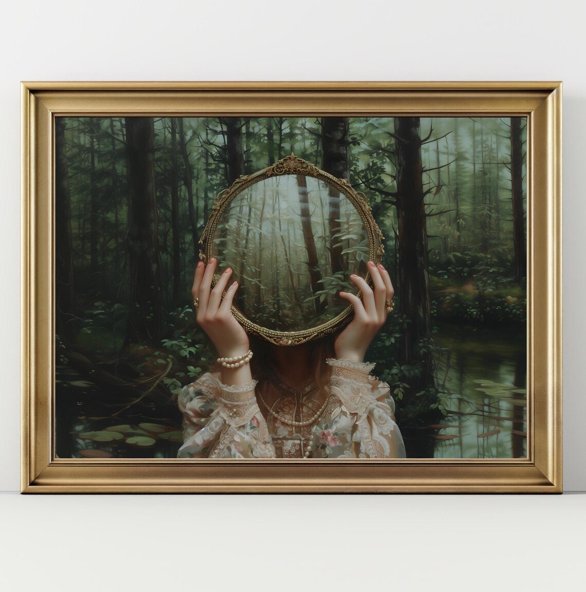 Woman Holding Ornate Mirror Over Face In Misty Green Forest Gothic Victorian Poster