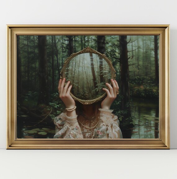 Mirror Victorian Art Poster Print Moody Painting Vintage Woman Print Victorian Decor Wall Art Dark Moody Antique Art Print Lace Pearls